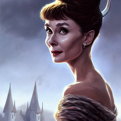 Image similar to audrey hepburn as a witch in an epic fantasy novel, various backgrounds, intricate, elegant, highly detailed, digital painting, artstation, matte, illustration, art by artgerm, greg rutkowski