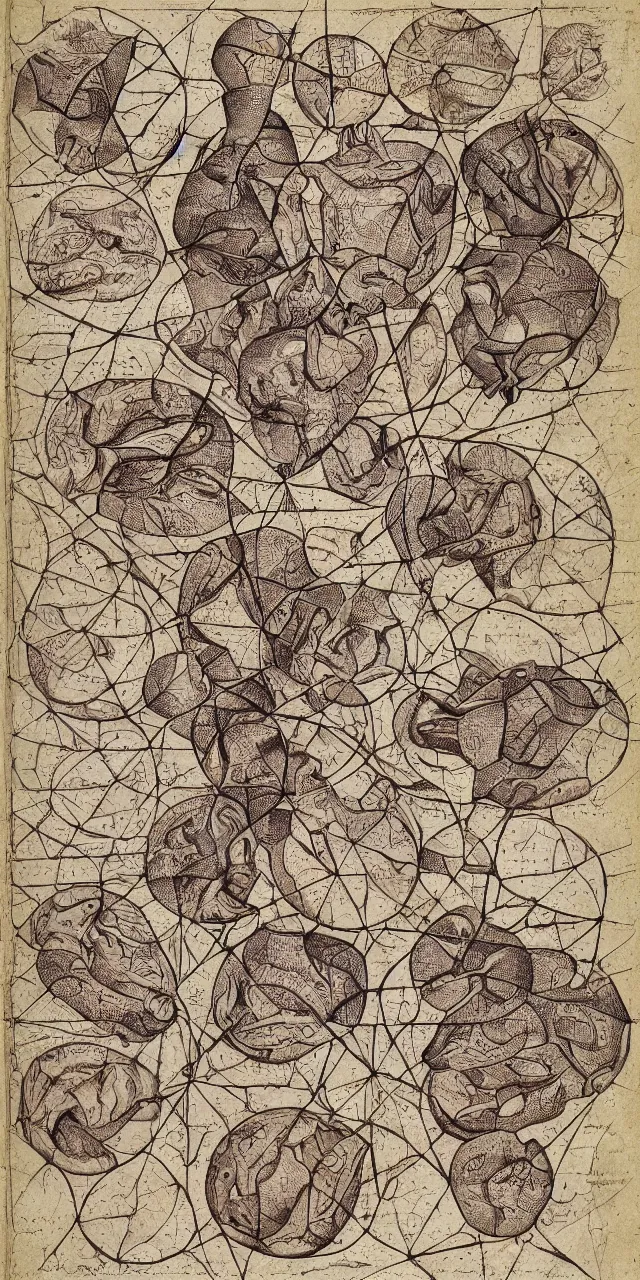 Image similar to an open page of the voronoi manuscript, depicting a digital painting of human anatomy by da vinci, extremely detailed, professional, epic highlights, full colors