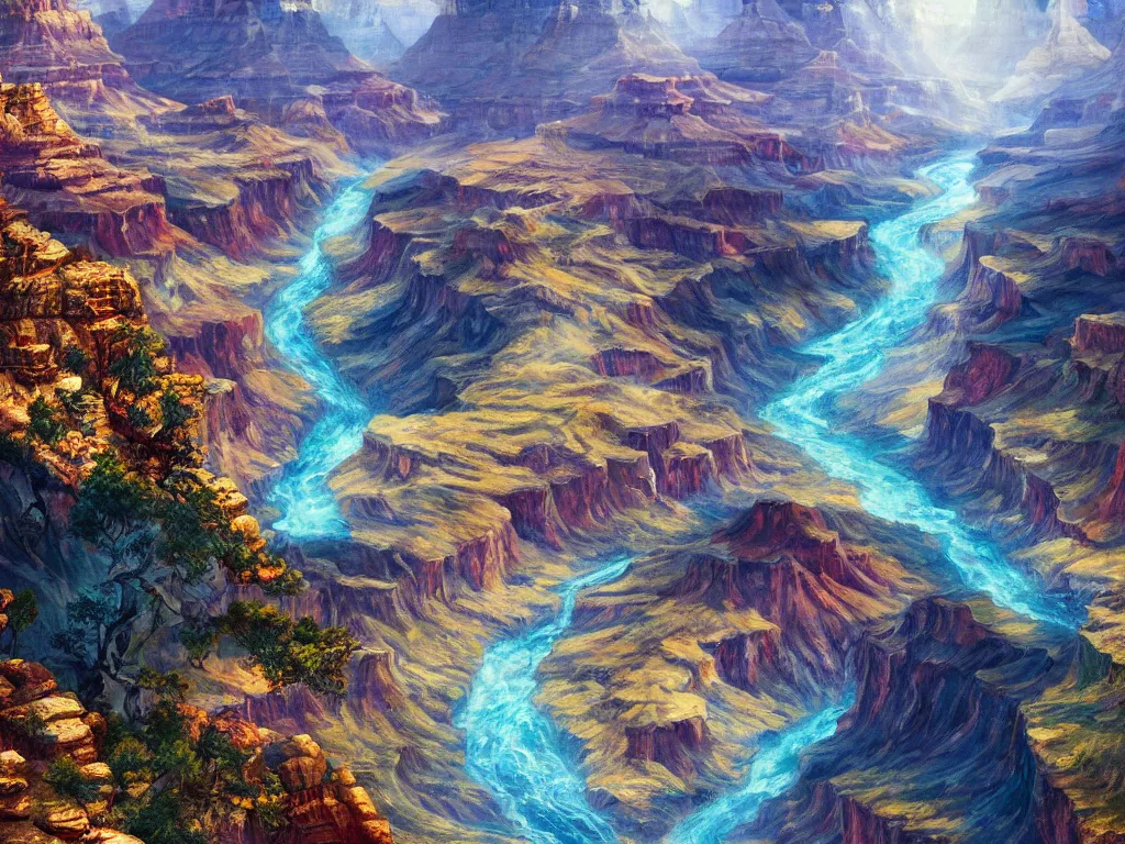 Image similar to grand canyon filled with sparkling water, magical, digital painting, trending on artstation, deviantart, 8k, epic composition, intrinsic details, perfect coherence
