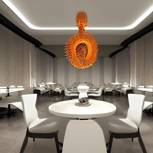 Image similar to three large white glossy kuka industrial robot arms on the floor around a dinner table, they are having dinner inside a fine dining restaurant with mid century modern furniture and decor, global illumination, artstation, fantasy