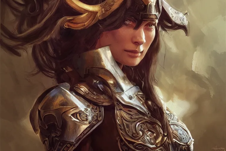 Prompt: a professional painting of Olivia Wilde clothed in military armor, olive skin, long dark hair, beautiful bone structure, symmetrical facial features, intricate, elegant, digital painting, concept art, smooth, sharp focus, illustration, from WarCraft by Ruan Jia and Mandy Jurgens and Artgerm and William-Adolphe Bouguerea