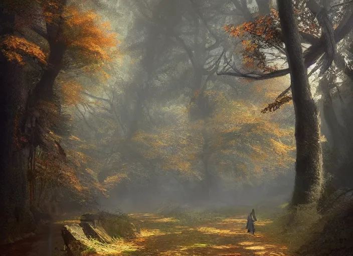 Image similar to a beautiful pathway in a forest, lush trees, in fall, a fantasy digital painting by Greg Rutkowski and James Gurney, trending on Artstation, highly detailed