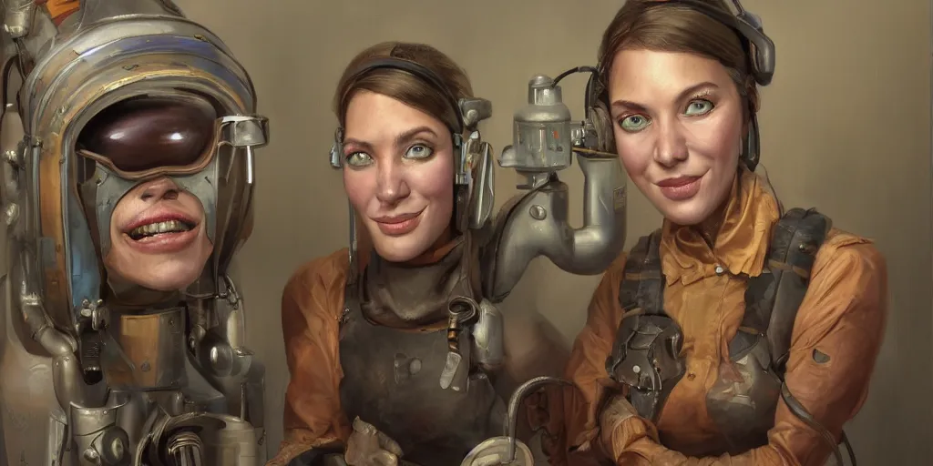 Image similar to highly detailed portrait painting of welder and angelina joile, mono eyed, by eddie mendoza and tyler edlin, windows, 8 k resolution