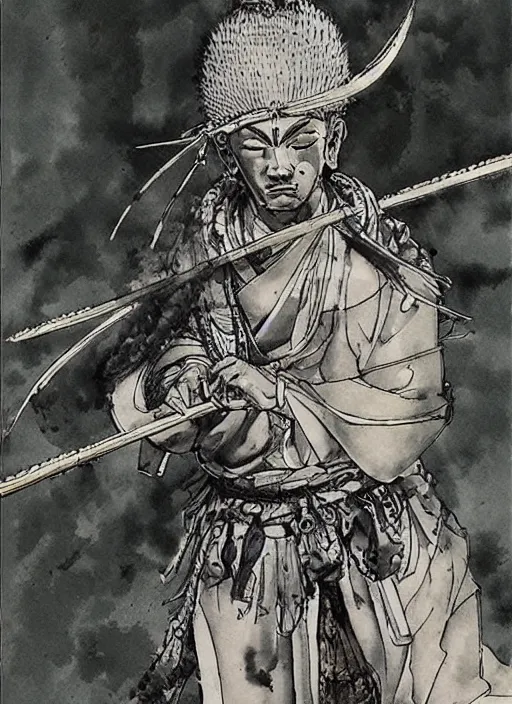 Image similar to a buddhist warrior with a spear, by takehiko inoue and kim jung gi, masterpiece ink illustration