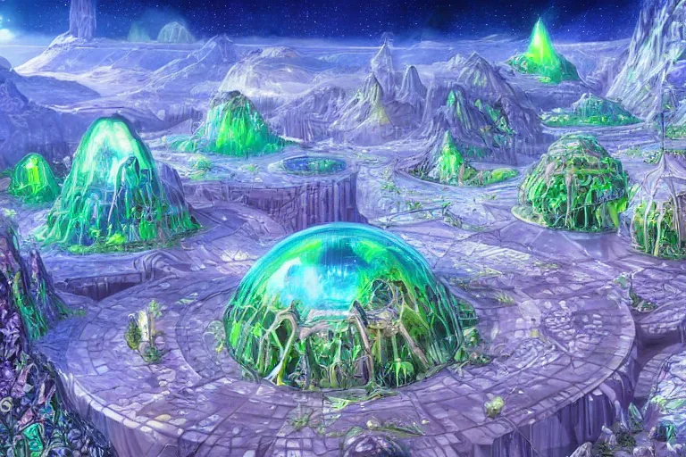 Image similar to neo - atlantean cyber monastery at the core of the hollow earth, giant glowing crystals, hyper detailed surreal sunny outdoor landscape