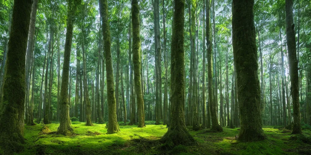 Image similar to immaculate forest with trees spaced at equidistant intervals between circular pools of water on the ground, with light flitering through the trees by Studio Ghibli, dynamic camera angle, deep 3 point perspective.