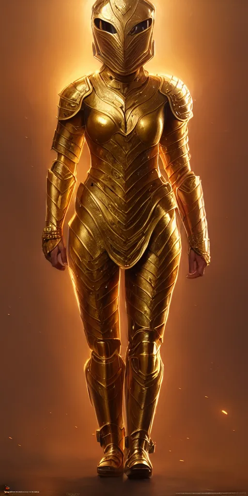 Image similar to professional digital art of a hyper realistic and highly detailed woman golden armor. accurate rending of one woman in armor. greg rutkowski, zabrocki, karlkka, jayison devadas, intricate, trending on artstation, 8 k, unreal engine 5, pincushion lens effect