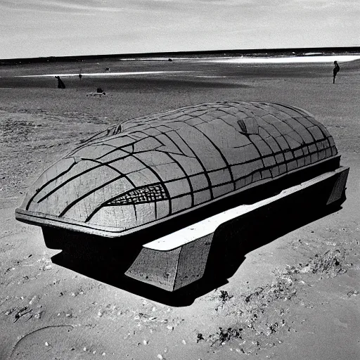 Prompt: a rectangular space ship hover over a beach by h. r. giger.