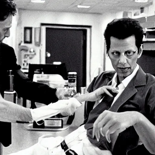 Image similar to jeff goldblum having a blood tranfusion with christopher walken