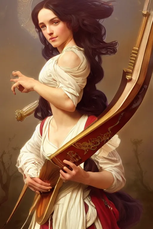 Prompt: beautiful bard holding a lute, accurate anatomy, only two hands, highly detailed, digital painting, artstation, concept art, smooth, sharp focus, illustration, Unreal Engine 5, 8K, art by Artgerm and greg rutkowski and alphonse Mucha