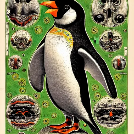 Image similar to cyborg penguin by ernst haeckel, masterpiece, vivid, very detailed