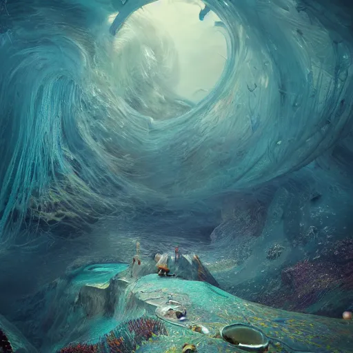 Prompt: the oceans dream of the upward spiral, au naturel, hyper detailed, digital art, surreal concept art, cinematic lighting, studio quality, smooth render, unreal engine 5 rendered, octane rendered, art style by klimt and nixeu and ian sprigger and wlop and krenz cushart