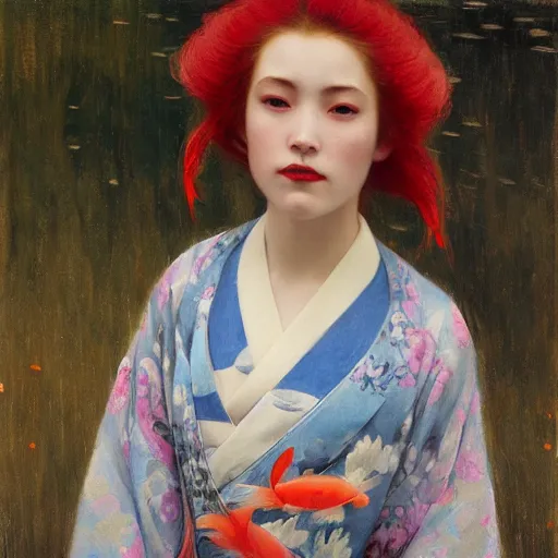 Prompt: girl in kimono, koi fish flying around her, jeremy lipking, joseph todorovitch