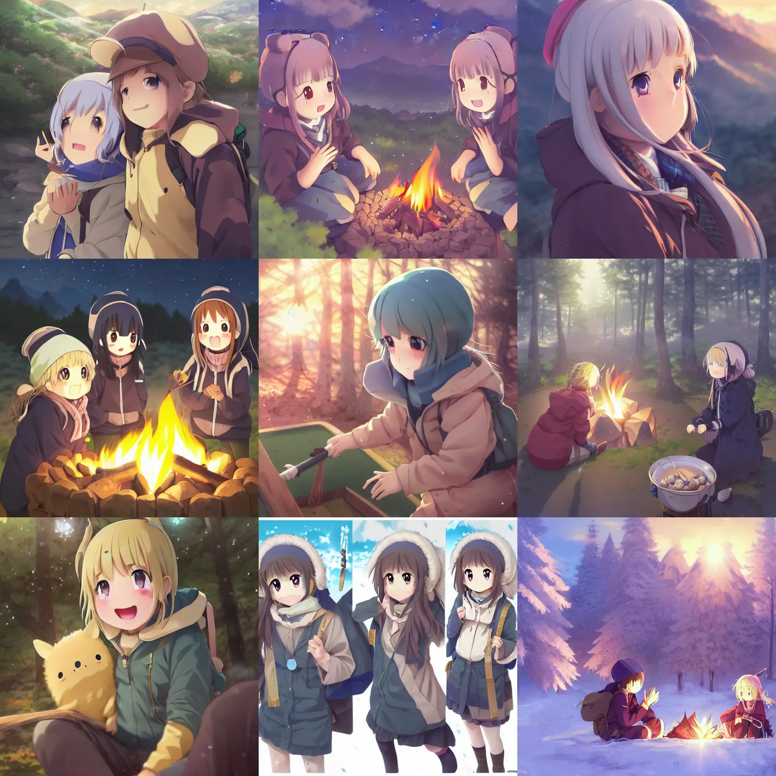 Prompt: anime yuru camp yama no susume cute girls around campfire trending on artstation hyperdetailed shining eyes cute moe Insanely detailed faces Unreal Engine 4k 8k ultra HD illustration digital pixiv concept art Award Winning manga cover by Stanley Artgerm Lau, WLOP, Rossdraws, James Jean, Andrei Riabovitchev, Marc Simonetti, and Sakimichan