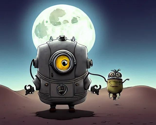 Prompt: a cell shaded cartoon grey lovecraftian mechanized minion from howl's moving castle ( 2 0 0 4 ), with a big head, on a desert road, wide shot, in front of a big moon, muted colors, post grunge, josan gonzales, wlop, by james jean, victor ngai, hq, deviantart, art by artgem