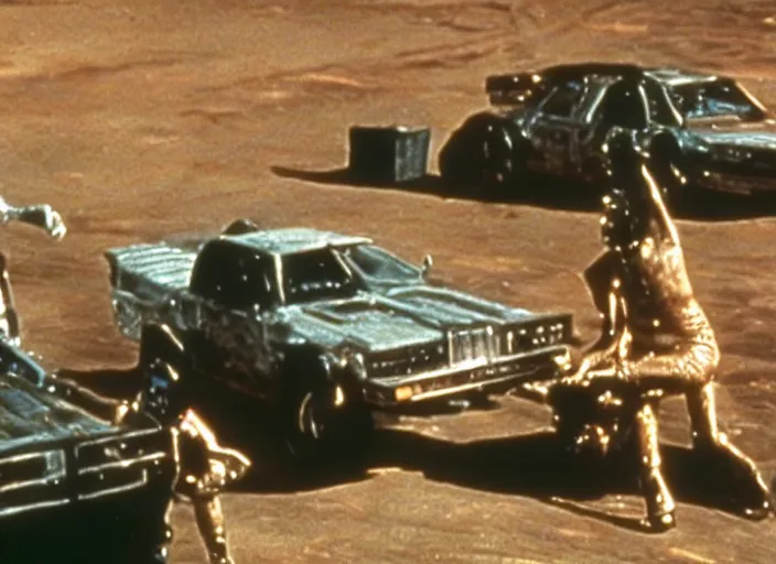 Image similar to scene from the 1979 science fiction film Muppet Mad Max