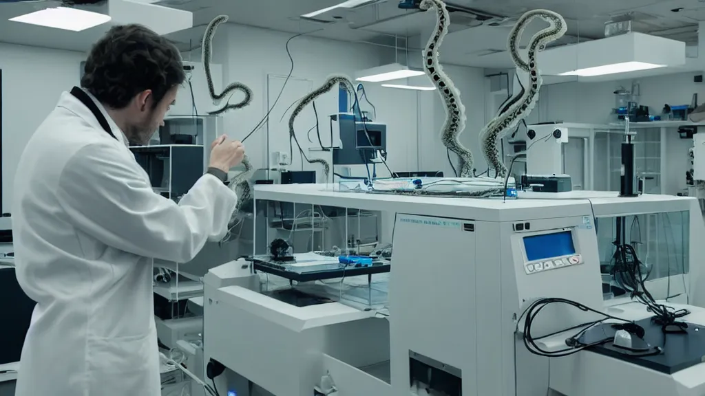 Image similar to a mri 3 d printer machine and control panels in the laboratory inspection room making mutant octopus forms, film still from the movie directed by denis villeneuve with art direction by salvador dali, wide lens