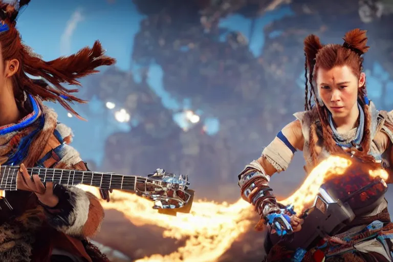 Image similar to cinematic picture of aloy from the horizon zero dawn videogame playing the guitar in the international space station