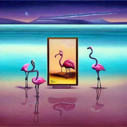 Image similar to A surreal oil painting of a puzzle containing a beautiful woman and Flamingos on a desert beach oasis by Salvador Dali, dark vibes, pastel lighting, high contrast, cinematic, depth of field