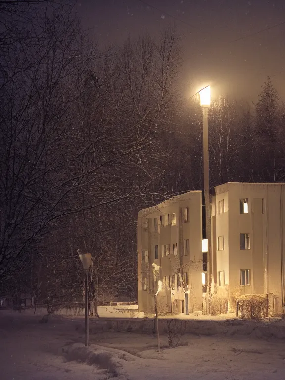 Prompt: film still of small soviet residential building in residential suburb area, lights are on in the windows, deep dark night, cozy atmosphere, cold winter, snowing, streetlamps with orange light, volumetric light, several birches nearby, elderly people stand at the entrance to the building, mega detailed