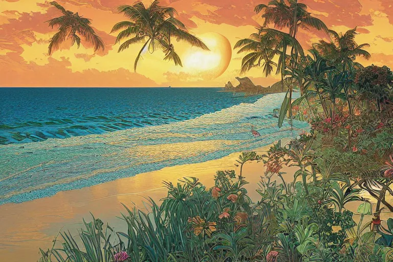 Image similar to a beautifully detailed painting of a caribean tropical shoreline, tranquil waters, sunset, hyperdetailed, worth1000.com, by Dan Mumford, by Alphonse Mucha, artgerm, cgsociety, serenity