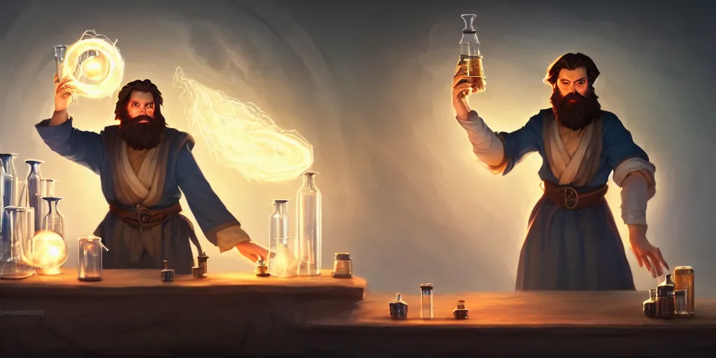 Prompt: a handsome bearded caucasian male sorcerer with brown hair he is casting a spell with flowing energy, he is in a alchemist lab filled with beakers and equipment, neutral pose, waist up, epic composition, 4 k, trending on artstation, by rudy siswanto and anna podedworna