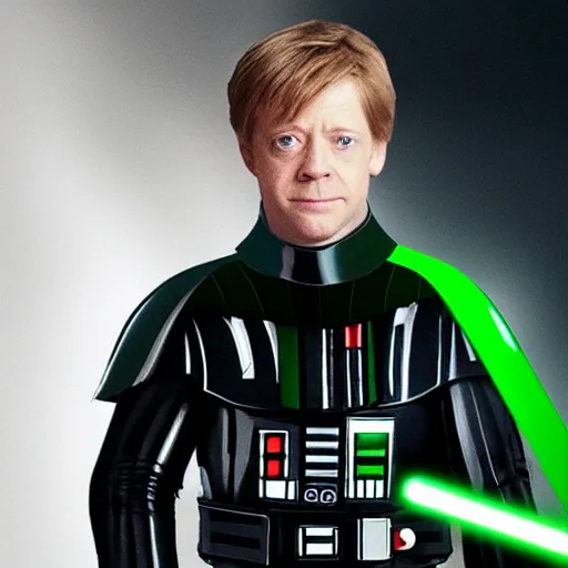 Prompt: Mark Hamil in darth vader suit with no helmet and a green lightsabre