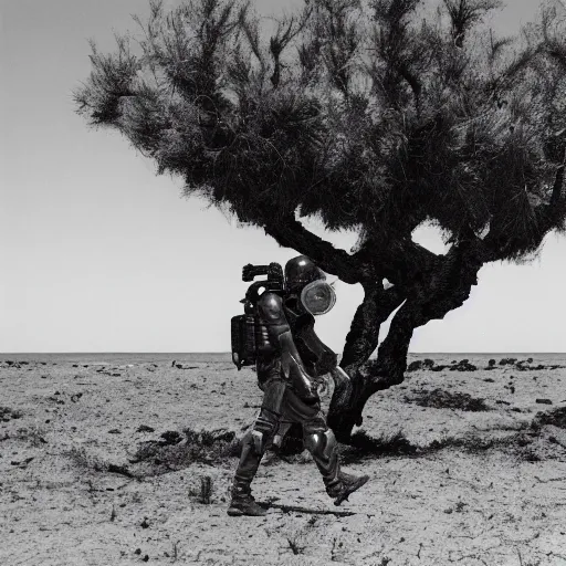 Image similar to a heavily armored man wearing a gasmask walking through a dry ocean, coral trees, film still arriflex 3 5