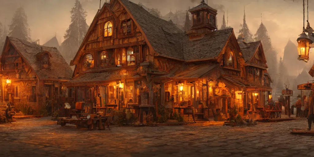 Image similar to a small steampunk wooden village, rich, soft colours, natural, steam, big clocks, concept art, octane render, unreal engine, in the style of luca guadagnino, highly detailed, high quality, artstation, digital art, 8 k hdr, cinematic, dramatic lighting, scenic, rich colour scheme