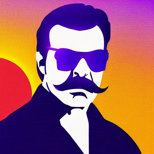 Image similar to portrait of tom selleck with light blue shutter shades in front of a sunset, a dark purple leather jacket, vector art by jan tengnagel, pixabay contest winner, retrofuturism, retrowave, synthwave, outrun