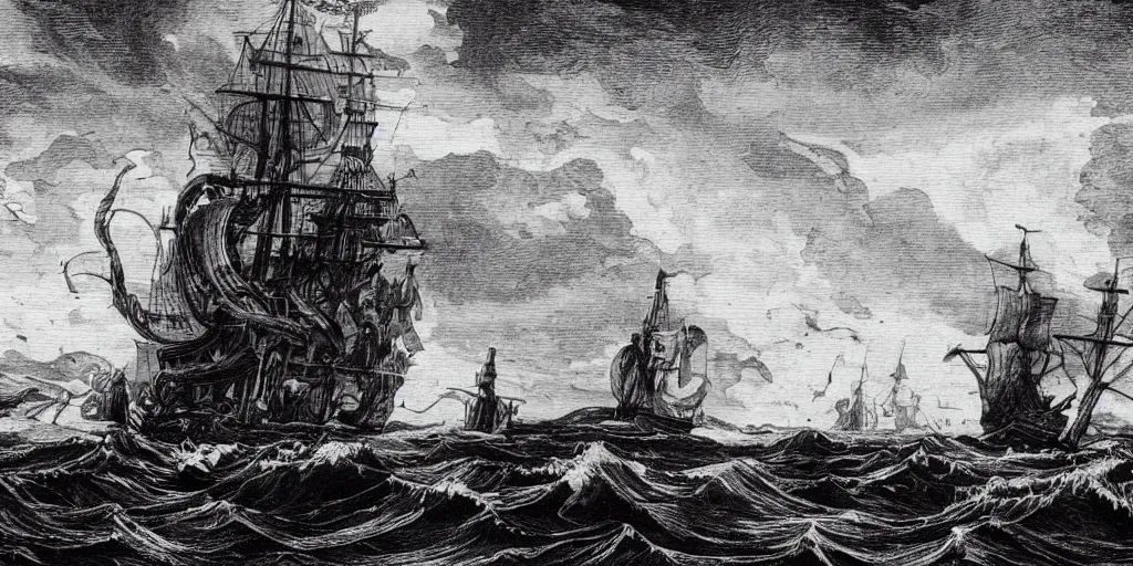 Prompt: A wooden shipwreck with muscular sailors, waves swell black and white Renaissance etching by Benjamin Smith