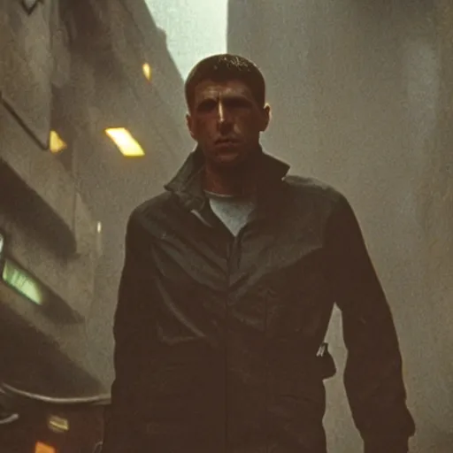 Prompt: film still blade runner with a man in a techwear outfit