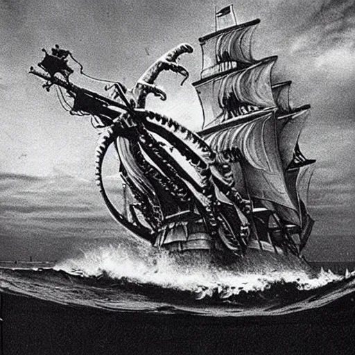 Image similar to an impossibly huge pirate ship, being attacked by a kraken, giant tentacles. 1980s photograph