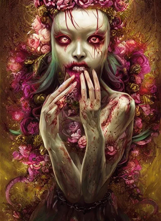 Prompt: elegant flowers, gorgeous korean goddess, beautiful zombie, necronom v painting by lise deharme and hr giger, lovecraft, vibrant color scheme