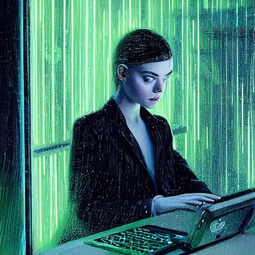 Image similar to Elle Fanning hacking a glowing green computer in the style of Paola Vetri, head and shoulders portrait, stormy weather, extremely detailed masterpiece, oil on canvas, low-key neon lighting, artstation, Blade Runner 2049, Roger Deakin’s cinematography, by J. C. Leyendecker and Peter Paul Rubens and Edward Hopper and Michael Sowa,