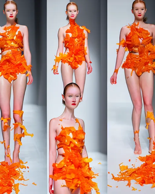 Prompt: multi panel storyboard of olivia wearing an outfit made of orange peels, runway model at new york fashion week, sporty physique, black hair, freckles, pale skin, half body shot, photo by greg rutkowski, stage lighting, soft colors, female beauty, intricate detail, elegance, 3 5 mm, depth of field, masterpiece