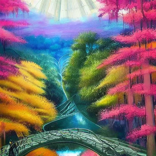 Prompt: Beautiful city of the future in harmony with nature. Nice colour scheme, cool natural colour. Beautiful detailed painting by Lurid. (2022)