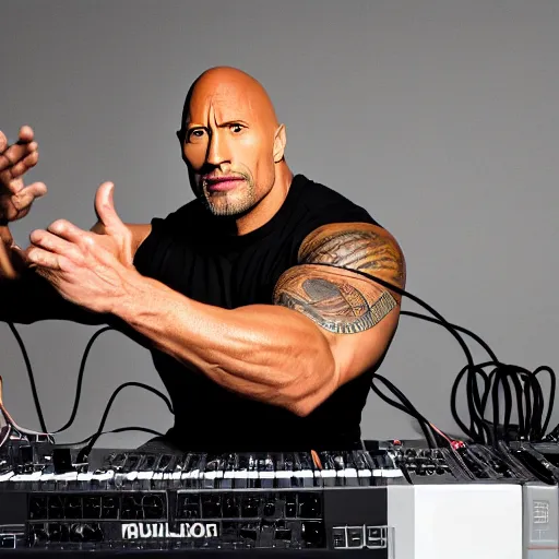 Image similar to dwayne johnson playing a modular synthesizer with lots of wires, ultra realistic, canon 3 5 m m photography, portrait