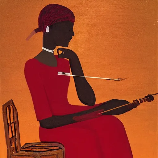 Image similar to sudanese woman with red dress sitting on copper armchair playing violin under the moonlight