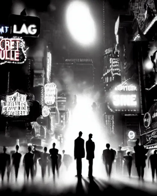 Image similar to hyper-realistic scene from sin city 2, dark city streets with cars and people in the distance, glowing lights, low key, 8k, trending on twitter