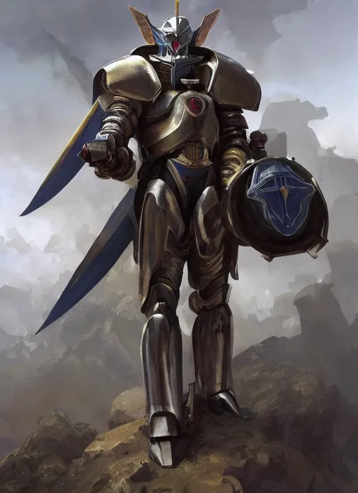 Prompt: medium-length portrait of a male paladin with short curly hair and a dark beard, dark brown skin, happy expression, wears a suit of power armor, gundam, holding buster sword aloft, medieval setting, highly detailed, digital painting, artstation, concept art, sharp focus, illustration, art by greg rutkowski and alphonse mucha