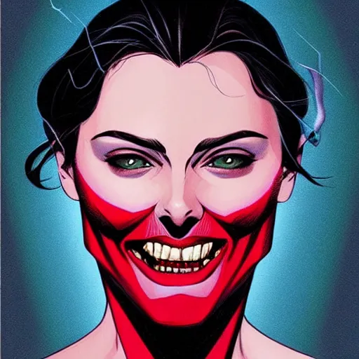 Prompt: Rafeal Albuquerque comic art, Joshua Middleton comic art, American Vampire comic art, pretty Phoebe Tonkin vampire open mouth smile sharp teeth, fully red eyes no pupils, horror, symmetrical face, symmetrical eyes, pretty white dress, short black hair, full body:: snow outside::