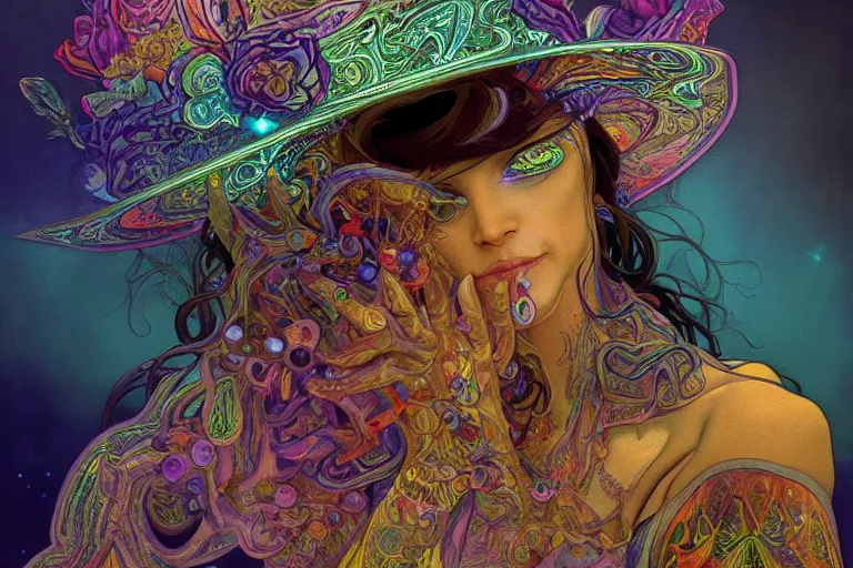 Image similar to An extremely psychedelic celestial undertaker in his black fedora hat, colorful, surreal, dramatic lighting, magic mushrooms, psilocybin, LSD, face, detailed, intricate, elegant, highly detailed, digital painting, artstation, concept art, smooth, sharp focus, illustration, art by Krenz Cushart and Artem Demura and alphonse mucha