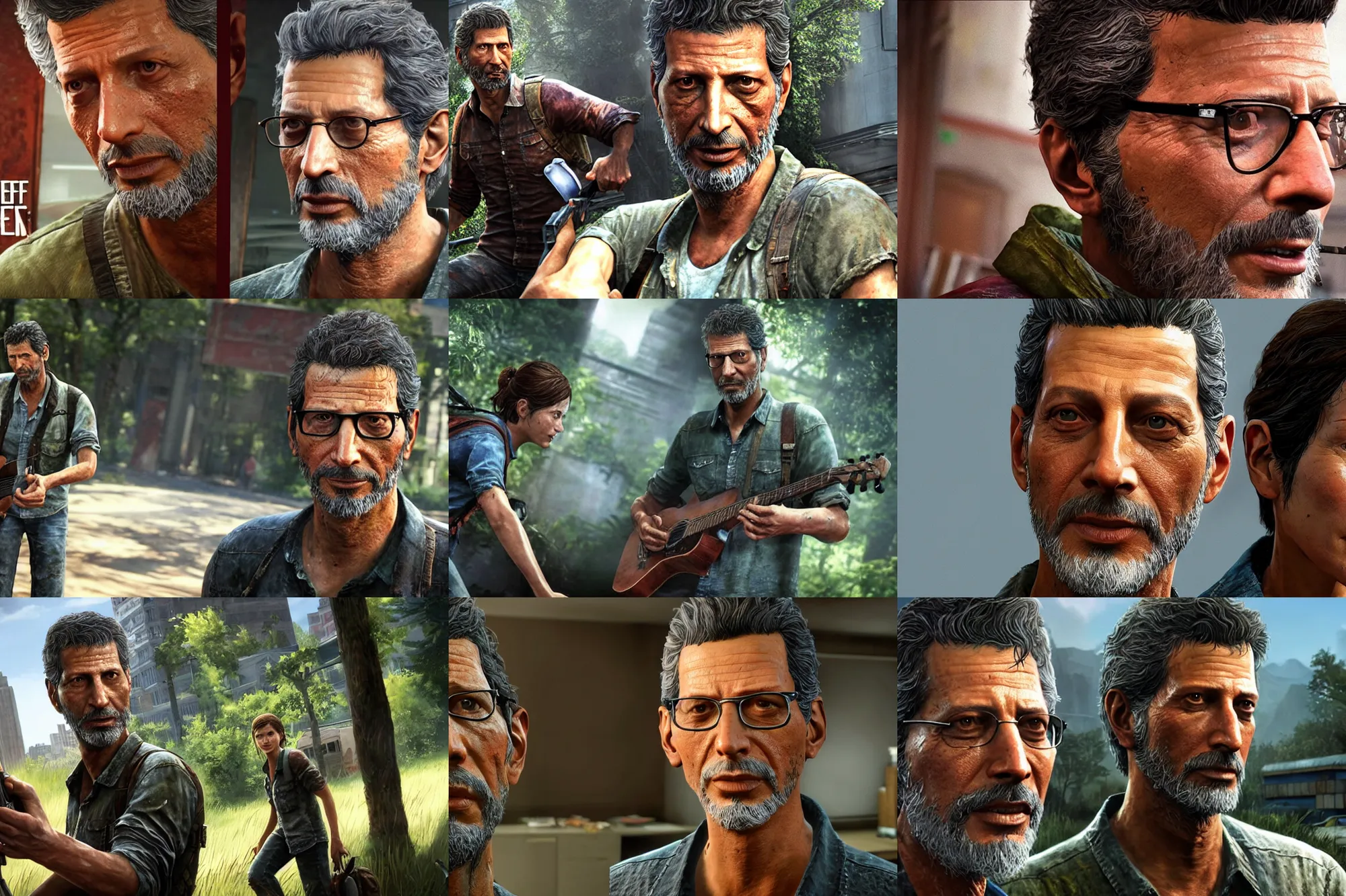 Prompt: a screenshot of jeff goldblum in the video game the last of us. 3 d rendering. unreal engine. amazing likeness. very detailed. cartoon caricature.