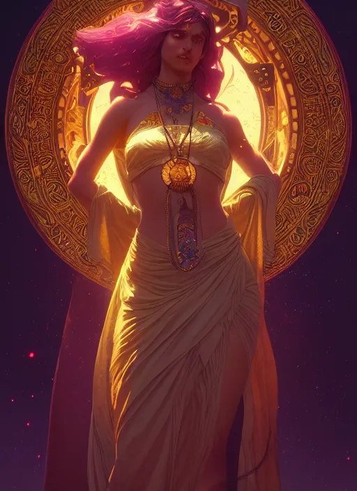 Image similar to Divine cosmic female power, glyphs, magic, artstation, high contrast, dramatic lighting, cgsociety, very detailed, intricate, detailed illustration, by artgerm and greg rutkowski and alphonse mucha, octane render, unreal engine, hyperrealism