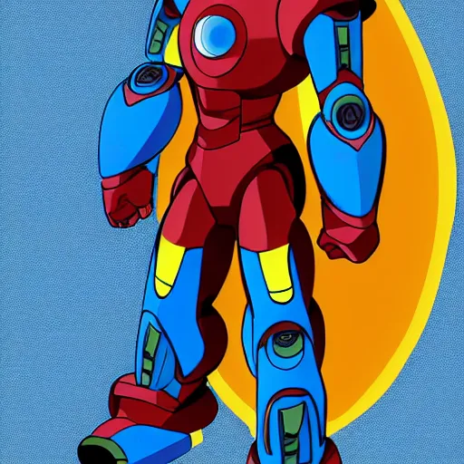 Image similar to mega man's kid sister. iron man, cyberpunk, anime, no helmet, long blue hair on her head, gold armor