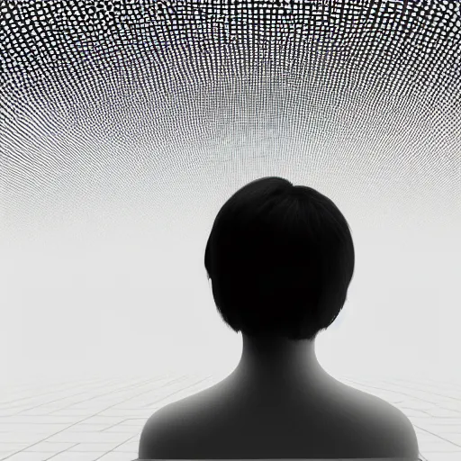 Prompt: defragmentation ( becoming whole with the glitch inside ), in the style of hiroya oku and ryoji ikeda and stanley kubrick, black and white, photorealistic, epic, super technical, 3 d render