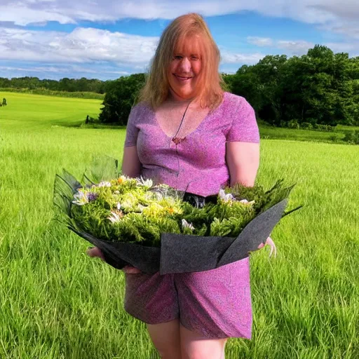 Prompt: harriet davenport holding flowers with a lot of animals gathered around her green open grassy plains background slightly cloudy blue sky clear weather