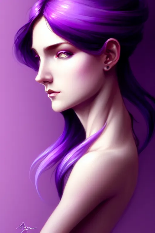 Image similar to Purple hair, creative colouring Portrait of woman, fashion, intricate, elegant, highly detailed, digital painting, artstation, concept art, smooth, sharp focus, illustration, art by artgerm and greg rutkowski and alphonse mucha