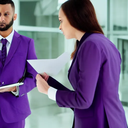 Prompt: woman in a purple suit scolding man holding clipboard, realistic, 4 k